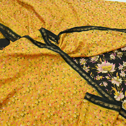 Indian Vintage Yellow Sarees 100% Pure Silk Printed Sari Craft Fabric 5yd Sewing Floral Soft Dress making Crafting quilting Upcycle Zari