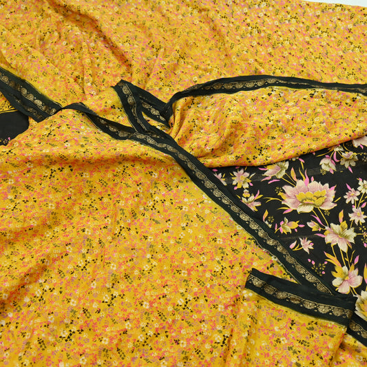 Indian Vintage Yellow Sarees 100% Pure Silk Printed Sari Craft Fabric 5yd Sewing Floral Soft Dress making Crafting quilting Upcycle Zari