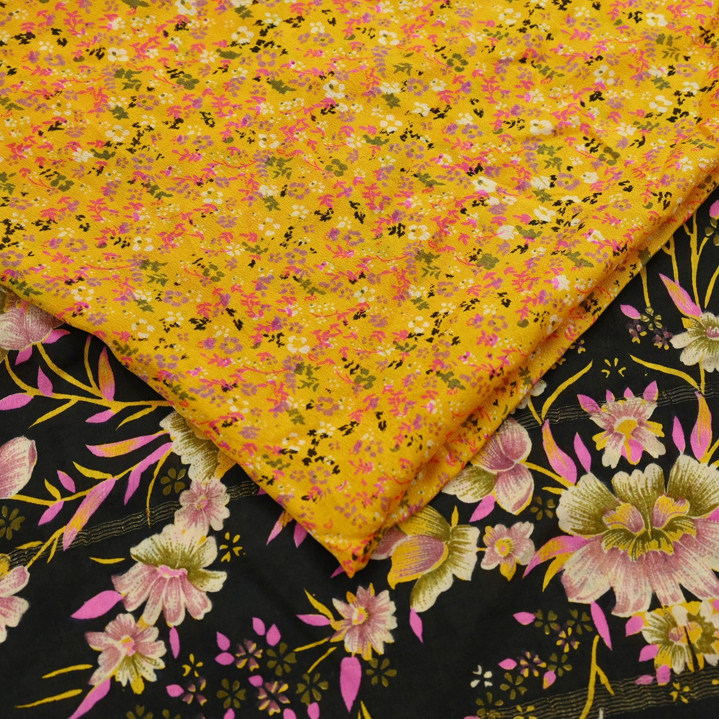 Indian Vintage Yellow Sarees 100% Pure Silk Printed Sari Craft Fabric 5yd Sewing Floral Soft Dress making Crafting quilting Upcycle Zari