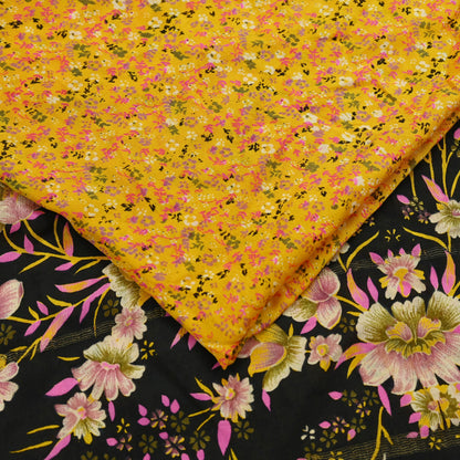 Indian Vintage Yellow Sarees 100% Pure Silk Printed Sari Craft Fabric 5yd Sewing Floral Soft Dress making Crafting quilting Upcycle Zari