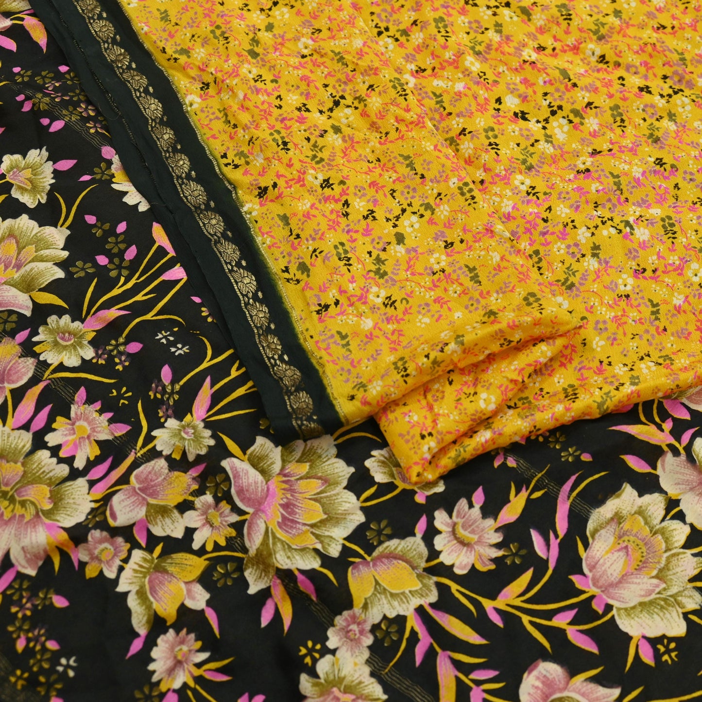 Indian Vintage Yellow Sarees 100% Pure Silk Printed Sari Craft Fabric 5yd Sewing Floral Soft Dress making Crafting quilting Upcycle Zari