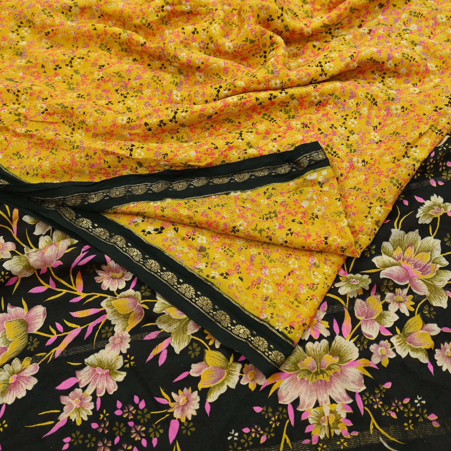 Indian Vintage Yellow Sarees 100% Pure Silk Printed Sari Craft Fabric 5yd Sewing Floral Soft Dress making Crafting quilting Upcycle Zari
