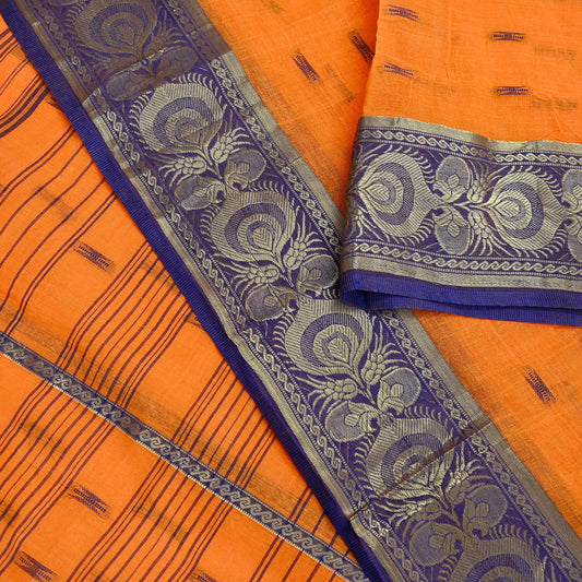 Indian Vintage Sari Orange Pure Cotton Hand Woven Saree Zari 5Yd Craft Fabric Floral Ethnic Sarong Dress making Crafting Quilting Zari