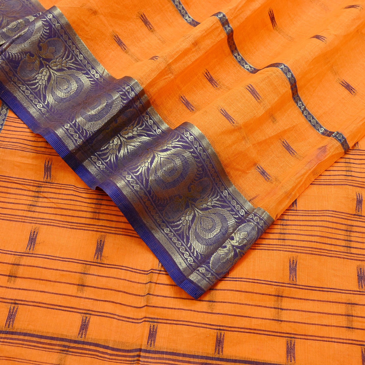 Indian Vintage Sari Orange Pure Cotton Hand Woven Saree Zari 5Yd Craft Fabric Floral Ethnic Sarong Dress making Crafting Quilting Zari