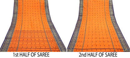 Indian Vintage Sari Orange Pure Cotton Hand Woven Saree Zari 5Yd Craft Fabric Floral Ethnic Sarong Dress making Crafting Quilting Zari