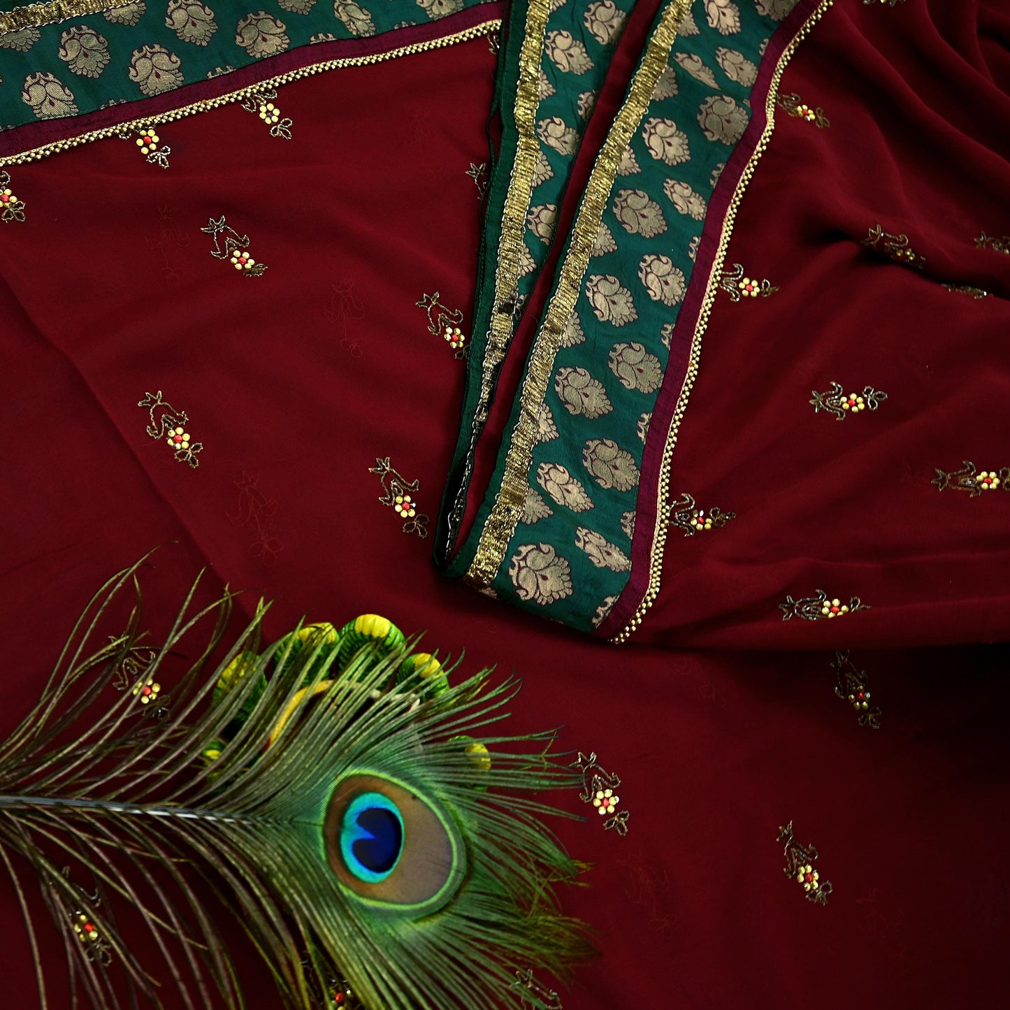 Indian Vintage Sari Maroon Hand Embroidered Pure Georgette Silk Sarees Craft Fabric 5Yd Sequins Wedding Sarees Quilting Crafting Upcycle