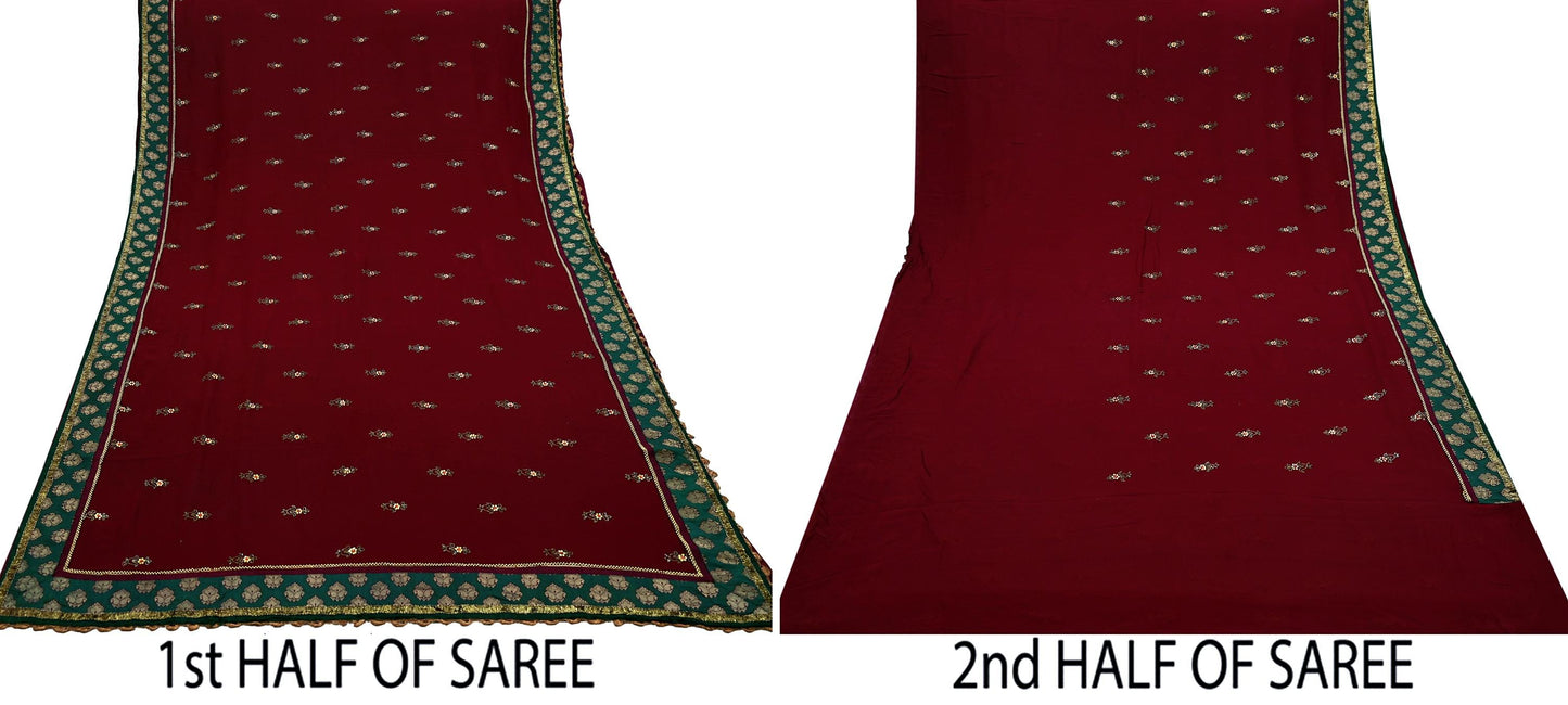 Indian Vintage Sari Maroon Hand Embroidered Pure Georgette Silk Sarees Craft Fabric 5Yd Sequins Wedding Sarees Quilting Crafting Upcycle
