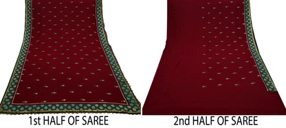 Indian Vintage Sari Maroon Hand Embroidered Pure Georgette Silk Sarees Craft Fabric 5Yd Sequins Wedding Sarees Quilting Crafting Upcycle
