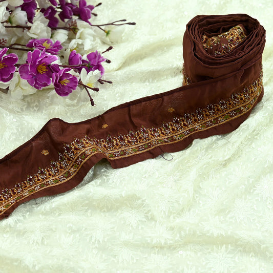 Indian Vintage Brown Border Hand Embroidered 1Yd Craft Trim Lace Sewing Sari Ribbon Crepe Zari Mirror Decor Gift Wrapped Paisley