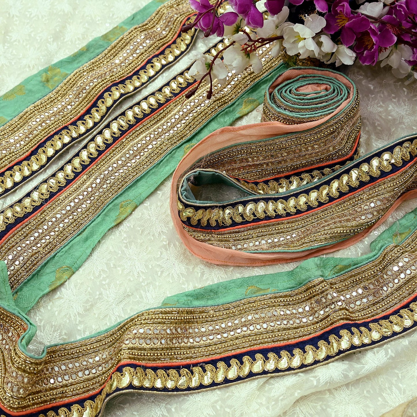 Indian Vintage Sari Border Hand Embroidered Craft Trim 1Yd Lace Sewing Sari Ribbon Pure silk  Zardozi/Dabka Zari