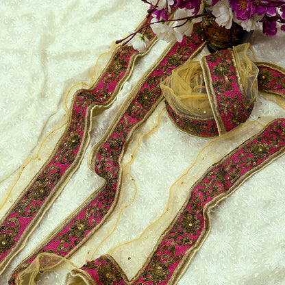 Indian Vintage Beige Sari Border Hand Embroidered 1yd Craft Trim Lace Sewing Net/Mess Ribbon Recycled Sari Border Zardozi/ Dabka Zari