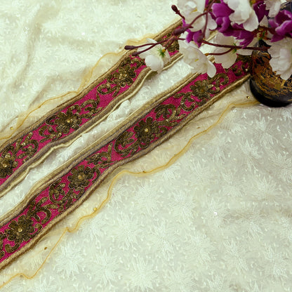 Indian Vintage Beige Sari Border Hand Embroidered 1yd Craft Trim Lace Sewing Net/Mess Ribbon Recycled Sari Border Zardozi/ Dabka Zari