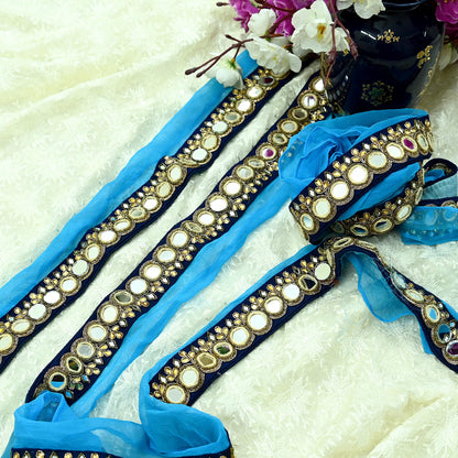 Indian Vintage Blue Border Pure Chiffon Silk Hand Embroidered 1Yd Craft Trim Lace Sewing Sari Ribbon Recycled Dress making Zardozi