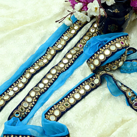Indian Vintage Blue Border Pure Chiffon Silk Hand Embroidered 1Yd Craft Trim Lace Sewing Sari Ribbon Recycled Dress making Zardozi