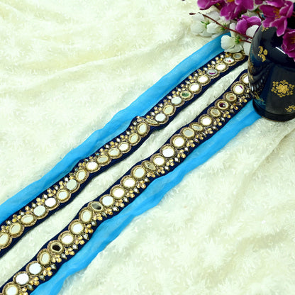 Indian Vintage Blue Border Pure Chiffon Silk Hand Embroidered 1Yd Craft Trim Lace Sewing Sari Ribbon Recycled Dress making Zardozi