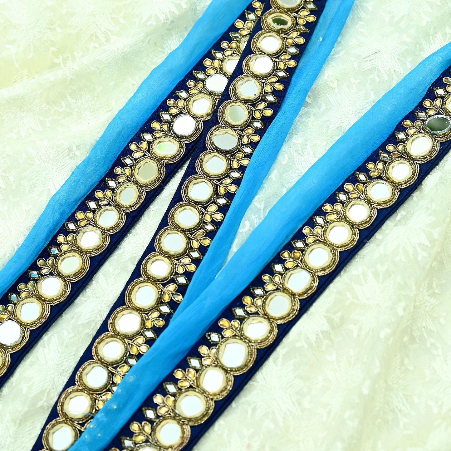 Indian Vintage Blue Border Pure Chiffon Silk Hand Embroidered 1Yd Craft Trim Lace Sewing Sari Ribbon Recycled Dress making Zardozi