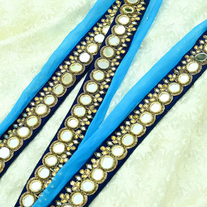 Indian Vintage Blue Border Pure Chiffon Silk Hand Embroidered 1Yd Craft Trim Lace Sewing Sari Ribbon Recycled Dress making Zardozi
