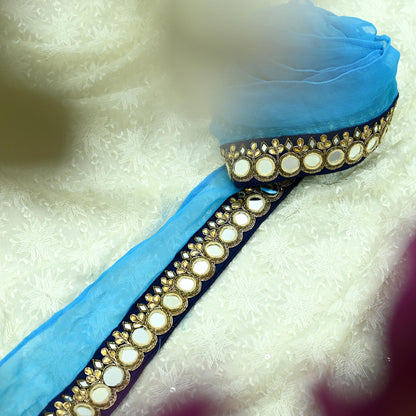 Indian Vintage Blue Border Pure Chiffon Silk Hand Embroidered 1Yd Craft Trim Lace Sewing Sari Ribbon Recycled Dress making Zardozi