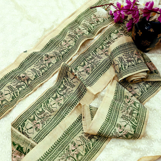 Indian Vintage Ivory Sari Border Pure Silk Hand Woven Baluchari 1Yd Craft Trim Lace Ribbon Recycled Sari Border Home Decor Soft
