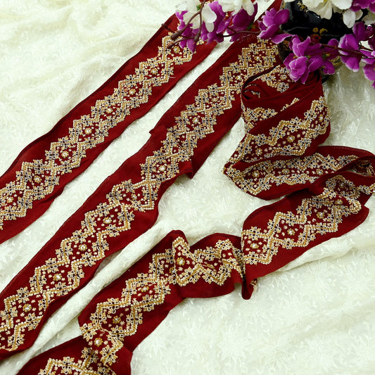 Indian Vintage Dark Red Border Hand Embroidered 1yd Craft Trim Lace Sewing Sari Ribbon Pure Crepe silk  Zardozi/Dabka Zari Decor