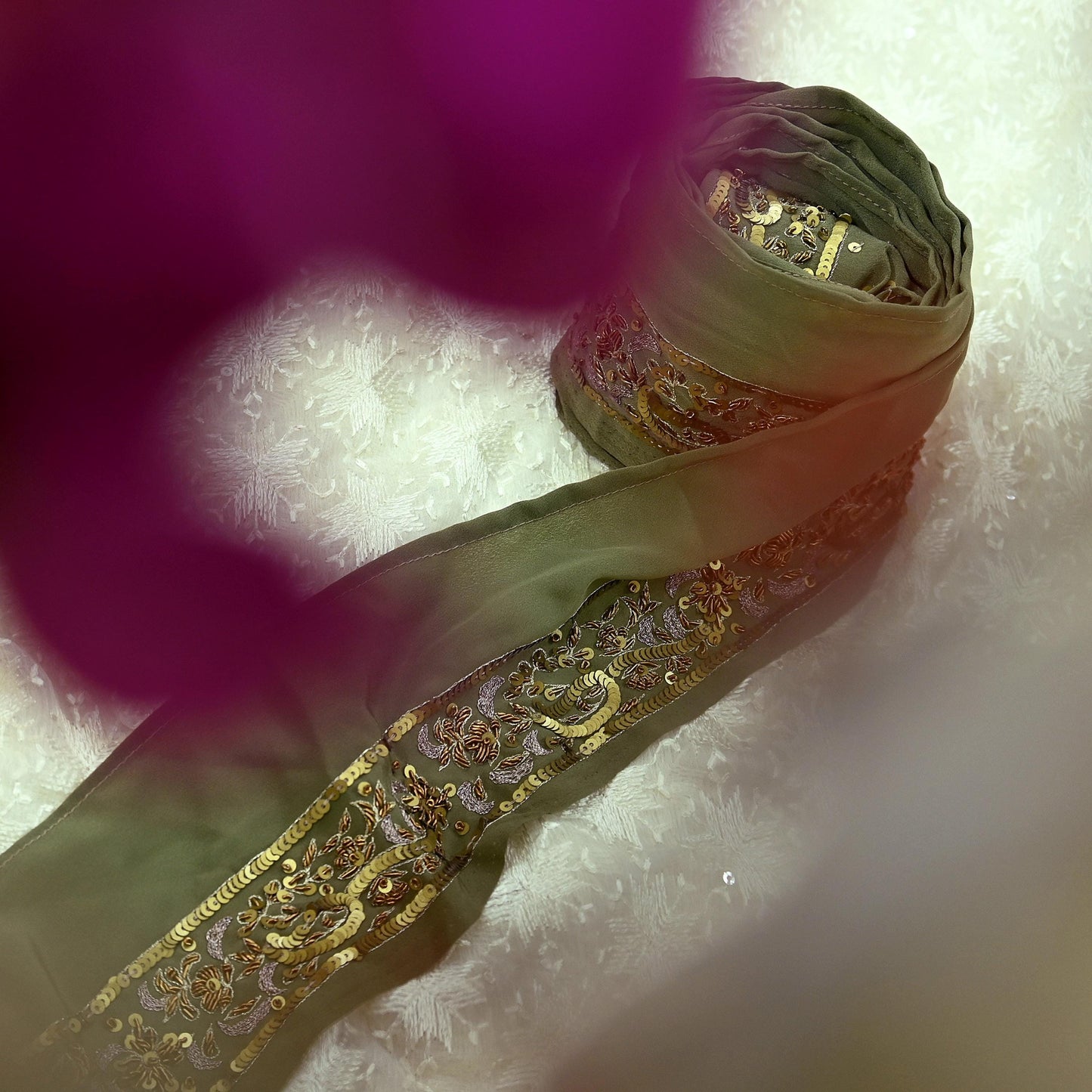 Indian Vintage Green Sari Border Hand Embroidered 1yd Craft Trim Lace Sewing Sari Ribbon Pure Crepe silk  Zardozi/Dabka Zari