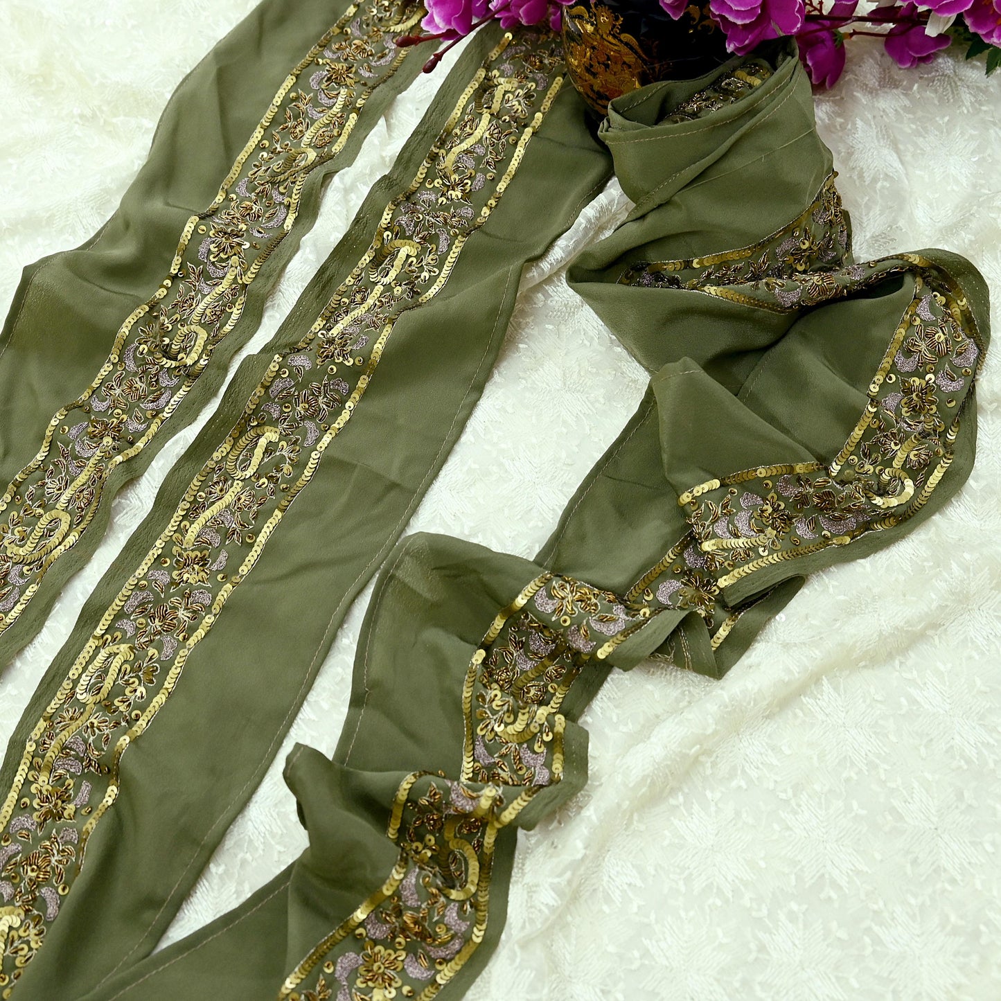 Indian Vintage Green Sari Border Hand Embroidered 1yd Craft Trim Lace Sewing Sari Ribbon Pure Crepe silk  Zardozi/Dabka Zari