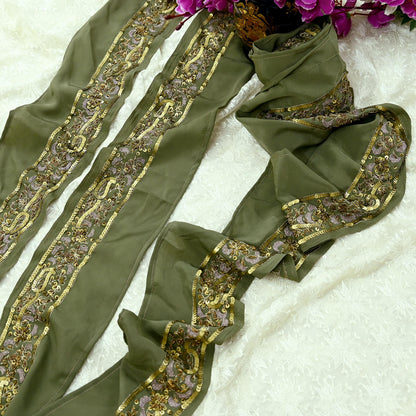 Indian Vintage Green Sari Border Hand Embroidered 1yd Craft Trim Lace Sewing Sari Ribbon Pure Crepe silk  Zardozi/Dabka Zari