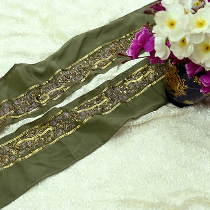 Indian Vintage Green Sari Border Hand Embroidered 1yd Craft Trim Lace Sewing Sari Ribbon Pure Crepe silk  Zardozi/Dabka Zari