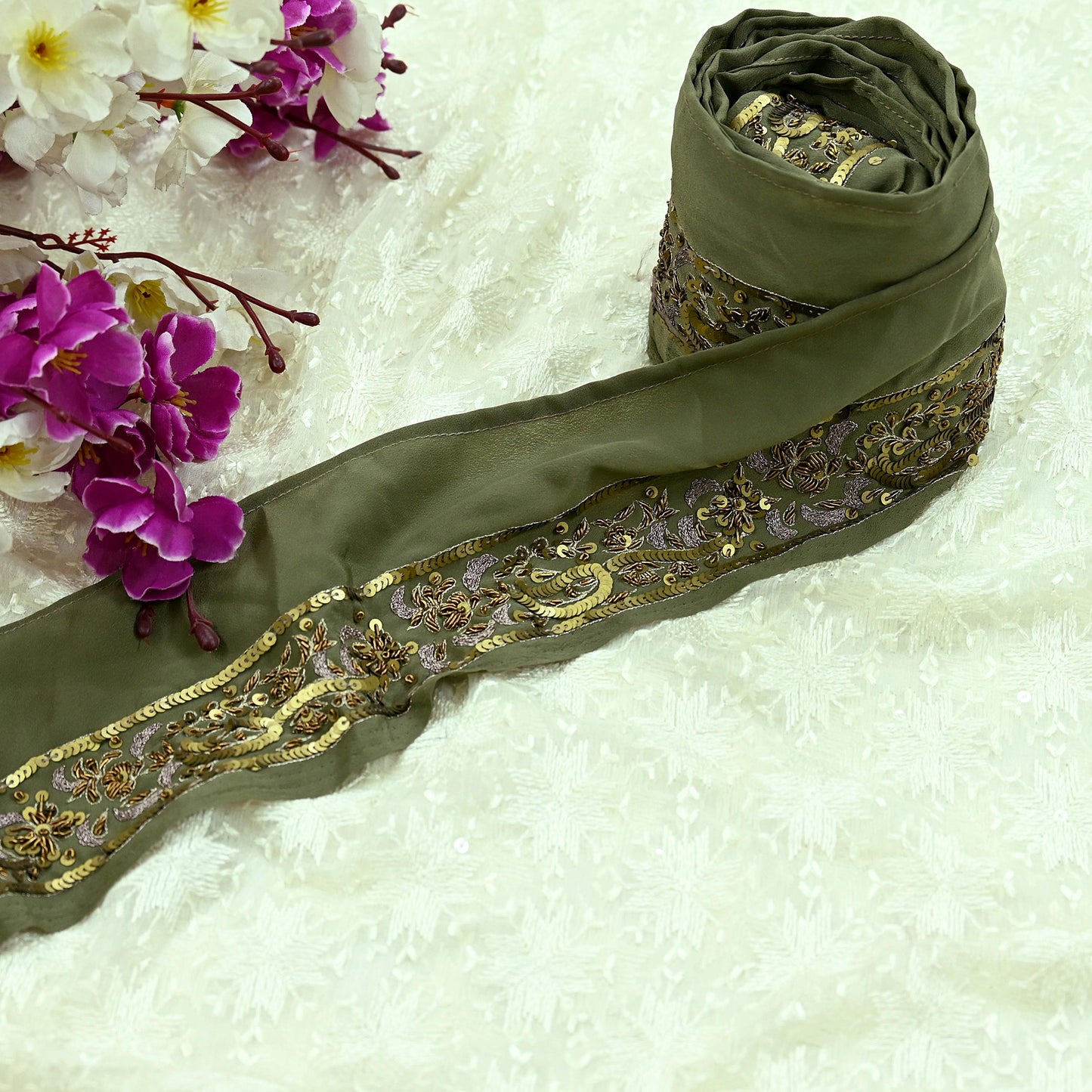 Indian Vintage Green Sari Border Hand Embroidered 1yd Craft Trim Lace Sewing Sari Ribbon Pure Crepe silk  Zardozi/Dabka Zari