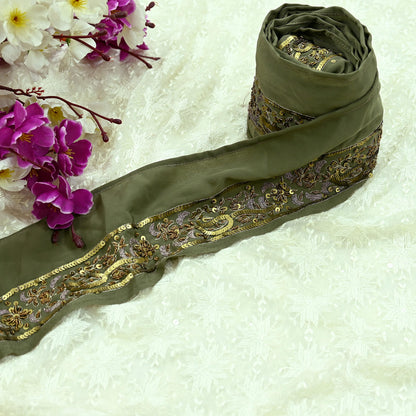Indian Vintage Green Sari Border Hand Embroidered 1yd Craft Trim Lace Sewing Sari Ribbon Pure Crepe silk  Zardozi/Dabka Zari