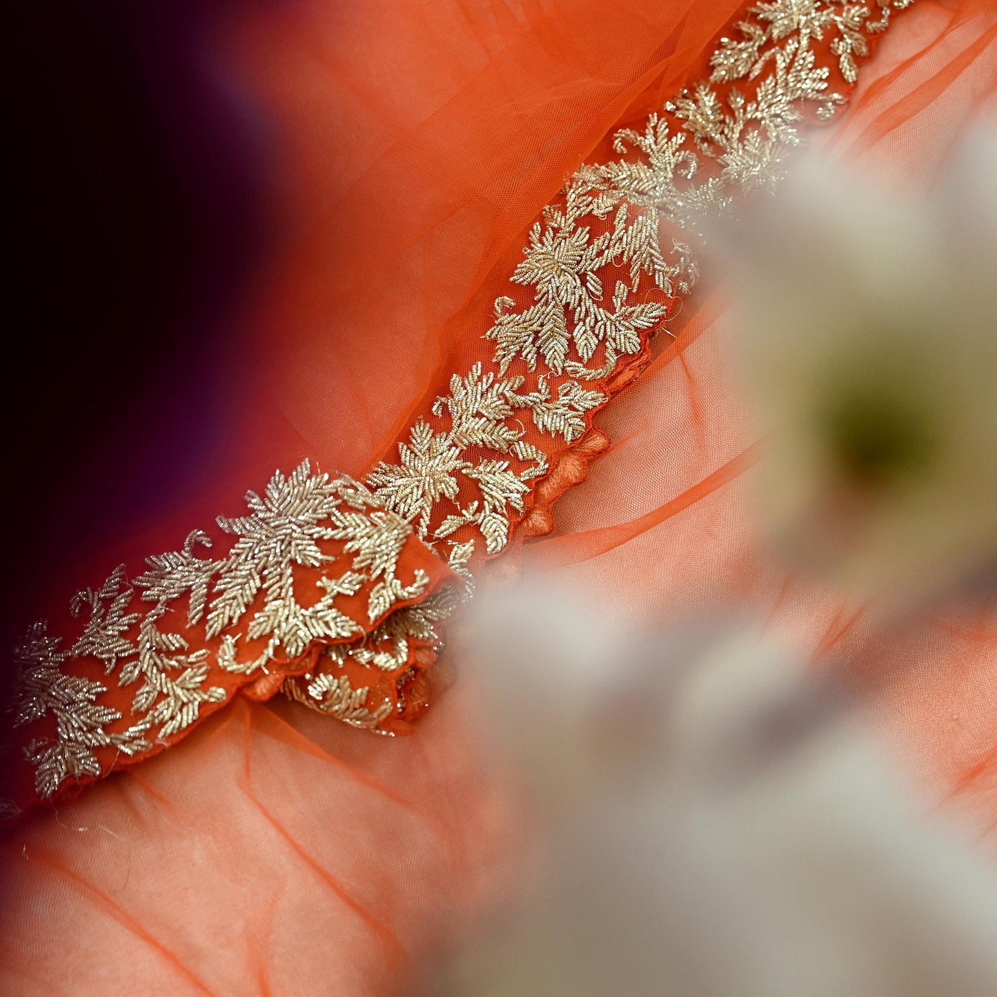 Indian Pre-owned Heavy Wedding Dupatta Orange Net Long Stole Hand Embroidered By Designer Abdul Halder Scarves Zardozi Bridal Veil
