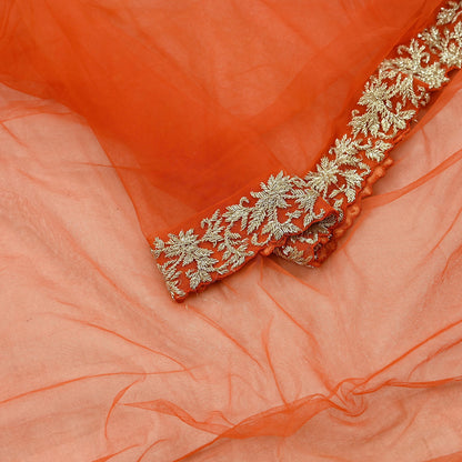 Indian Pre-owned Heavy Wedding Dupatta Orange Net Long Stole Hand Embroidered By Designer Abdul Halder Scarves Zardozi Bridal Veil