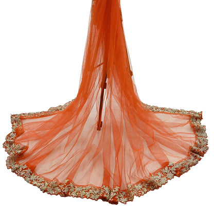Indian Pre-owned Heavy Wedding Dupatta Orange Net Long Stole Hand Embroidered By Designer Abdul Halder Scarves Zardozi Bridal Veil