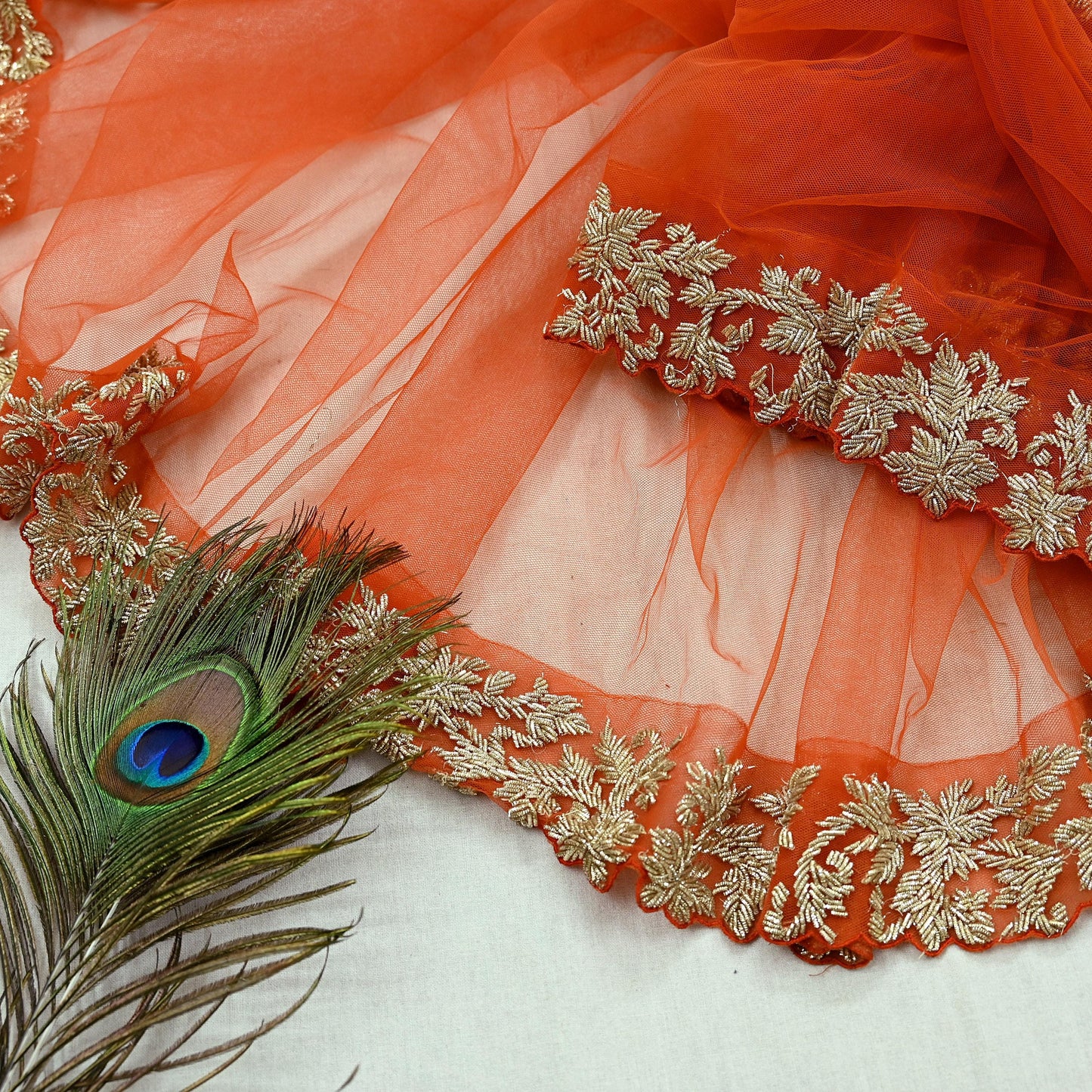 Indian Pre-owned Heavy Wedding Dupatta Orange Net Long Stole Hand Embroidered By Designer Abdul Halder Scarves Zardozi Bridal Veil
