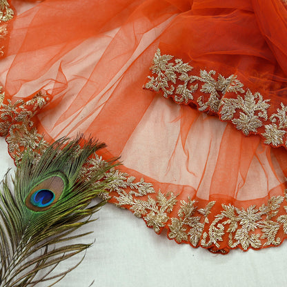 Orange Net Hand Embroidered Dupatta by Abdul Halder Indian Wedding Bridal Veil Heavy Zardozi Designer Stole Pre-Owned Couture