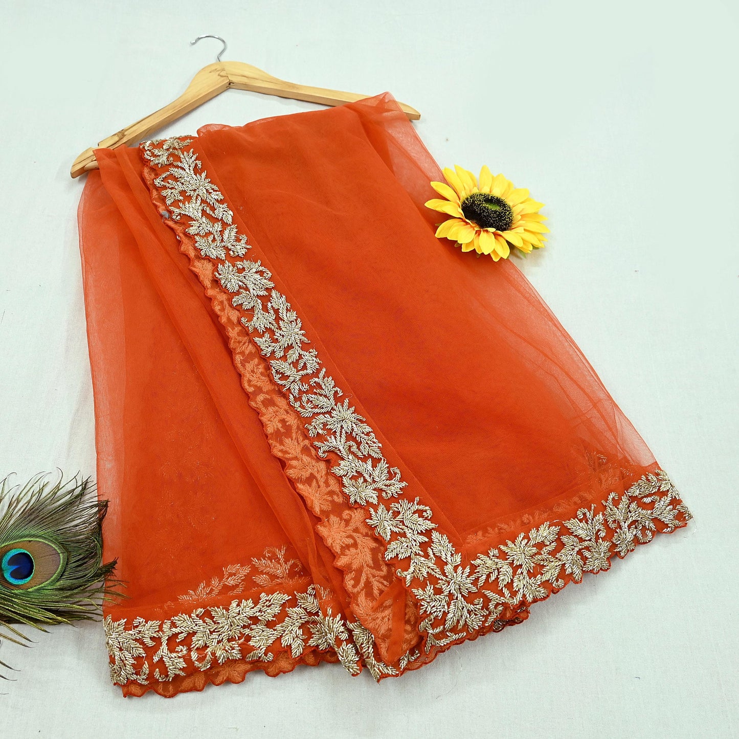 Indian Pre-owned Heavy Wedding Dupatta Orange Net Long Stole Hand Embroidered By Designer Abdul Halder Scarves Zardozi Bridal Veil