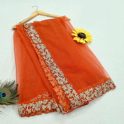 Indian Pre-owned Heavy Wedding Dupatta Orange Net Long Stole Hand Embroidered By Designer Abdul Halder Scarves Zardozi Bridal Veil