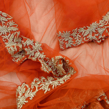 Indian Pre-owned Heavy Wedding Dupatta Orange Net Long Stole Hand Embroidered By Designer Abdul Halder Scarves Zardozi Bridal Veil