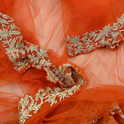 Orange Net Hand Embroidered Dupatta by Abdul Halder Indian Wedding Bridal Veil Heavy Zardozi Designer Stole Pre-Owned Couture