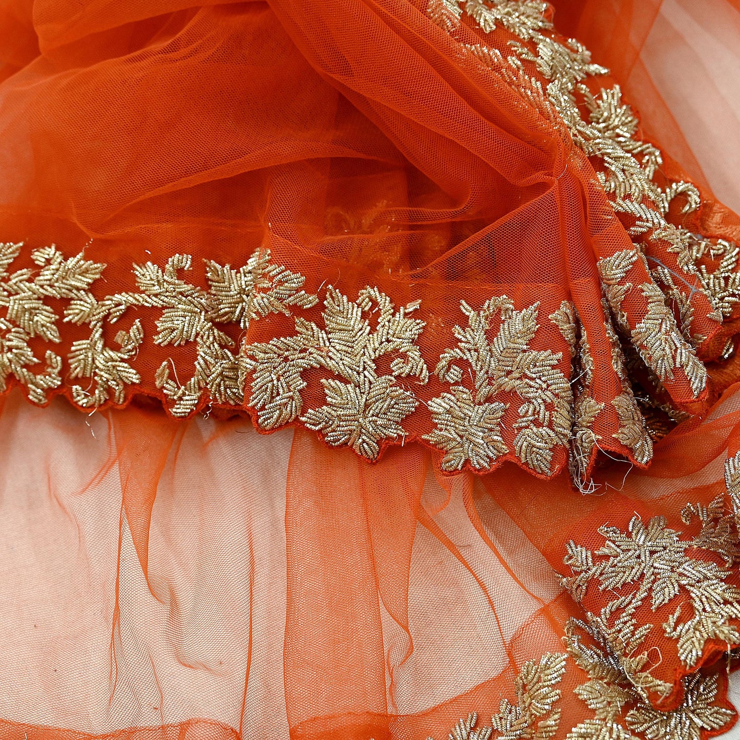 Indian Pre-owned Heavy Wedding Dupatta Orange Net Long Stole Hand Embroidered By Designer Abdul Halder Scarves Zardozi Bridal Veil