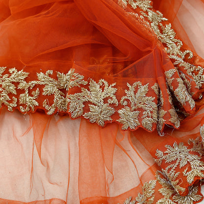 Indian Pre-owned Heavy Wedding Dupatta Orange Net Long Stole Hand Embroidered By Designer Abdul Halder Scarves Zardozi Bridal Veil