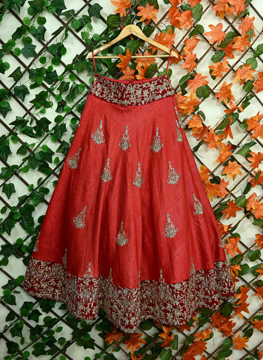 Indian Pre-owned Red Heavy Wedding Pure chhanderi Silk Hand Embroidered Unstitched Lehenga/Skirt Designer By Abdul Halder Bridal Wear