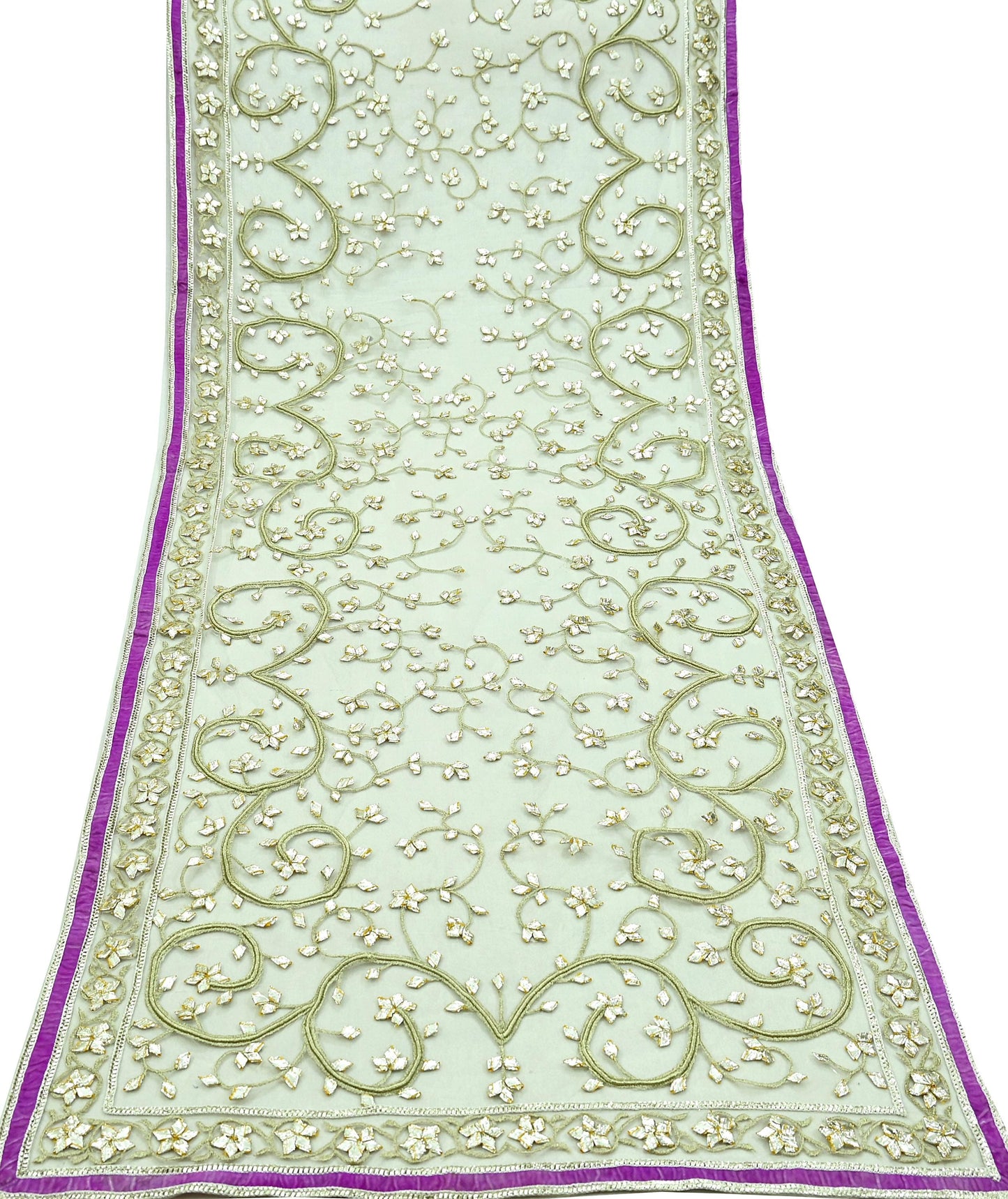 Indian Vintage Heavy Bridal Dupatta Ivory Net Mesh Long Stole Hand Embroidered Scarves Golden Gota Patti Wedding/Party Wear