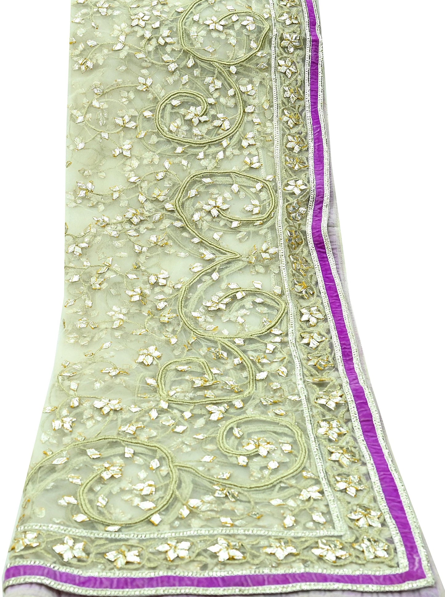 Indian Vintage Heavy Bridal Dupatta Ivory Net Mesh Long Stole Hand Embroidered Scarves Golden Gota Patti Wedding/Party Wear