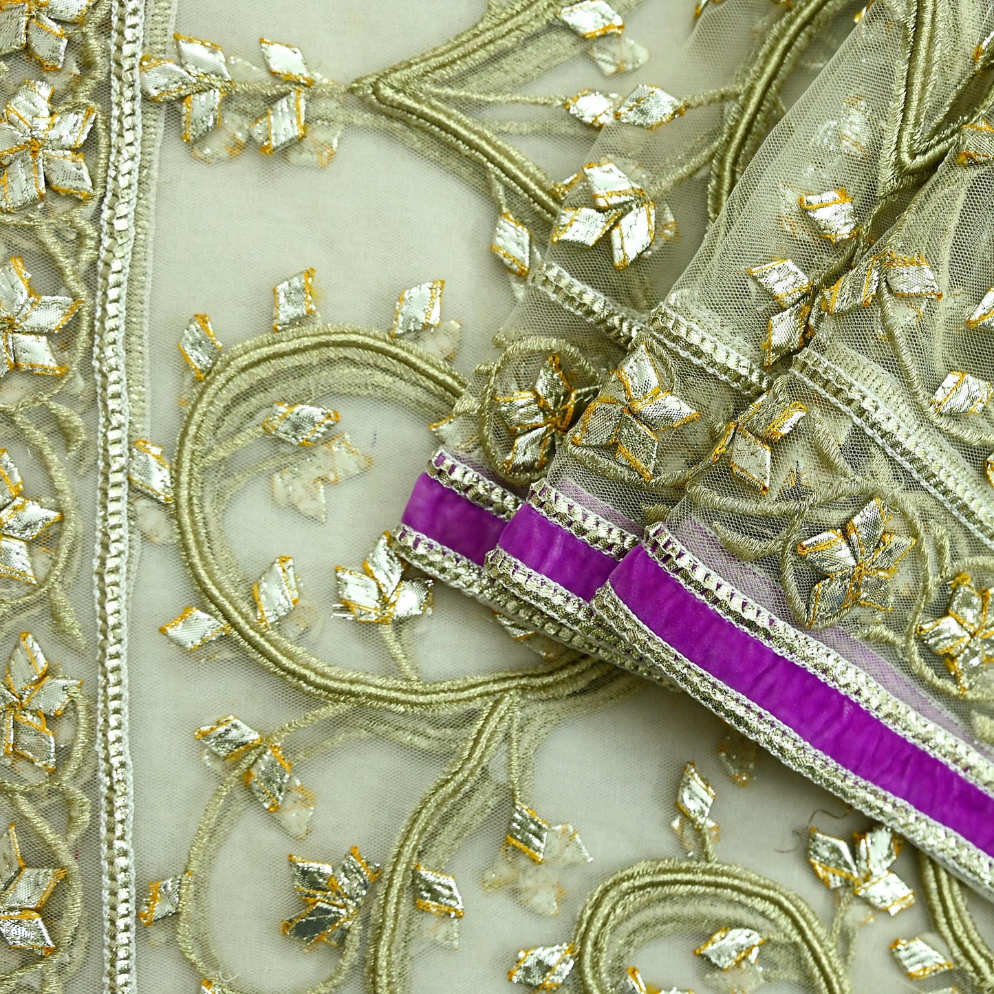 Indian Vintage Heavy Bridal Dupatta Ivory Net Mesh Long Stole Hand Embroidered Scarves Golden Gota Patti Wedding/Party Wear