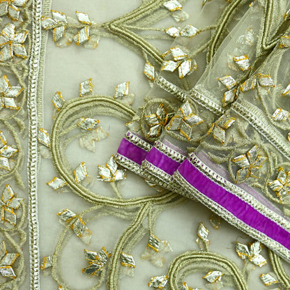 Indian Vintage Heavy Bridal Dupatta Ivory Net Mesh Long Stole Hand Embroidered Scarves Golden Gota Patti Wedding/Party Wear