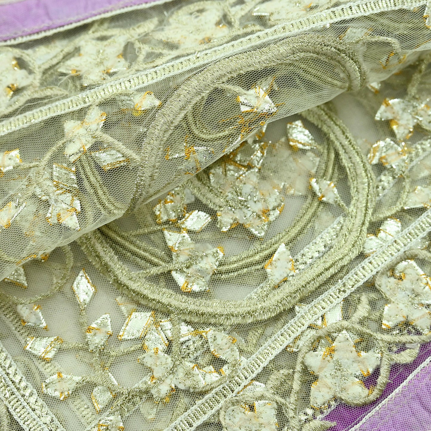 Indian Vintage Heavy Bridal Dupatta Ivory Net Mesh Long Stole Hand Embroidered Scarves Golden Gota Patti Wedding/Party Wear