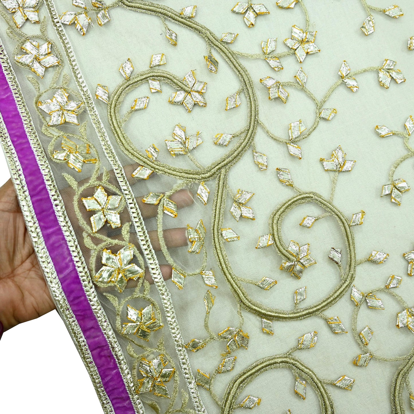 Indian Vintage Heavy Bridal Dupatta Ivory Net Mesh Long Stole Hand Embroidered Scarves Golden Gota Patti Wedding/Party Wear