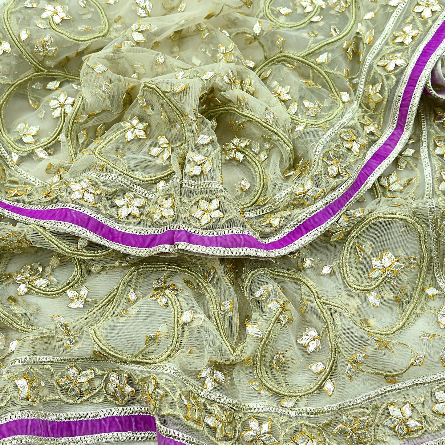 Indian Vintage Heavy Bridal Dupatta Ivory Net Mesh Long Stole Hand Embroidered Scarves Golden Gota Patti Wedding/Party Wear