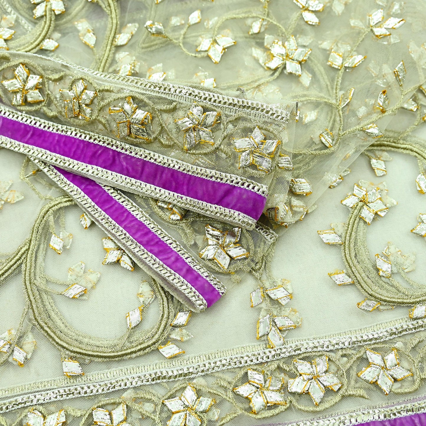 Indian Vintage Heavy Bridal Dupatta Ivory Net Mesh Long Stole Hand Embroidered Scarves Golden Gota Patti Wedding/Party Wear